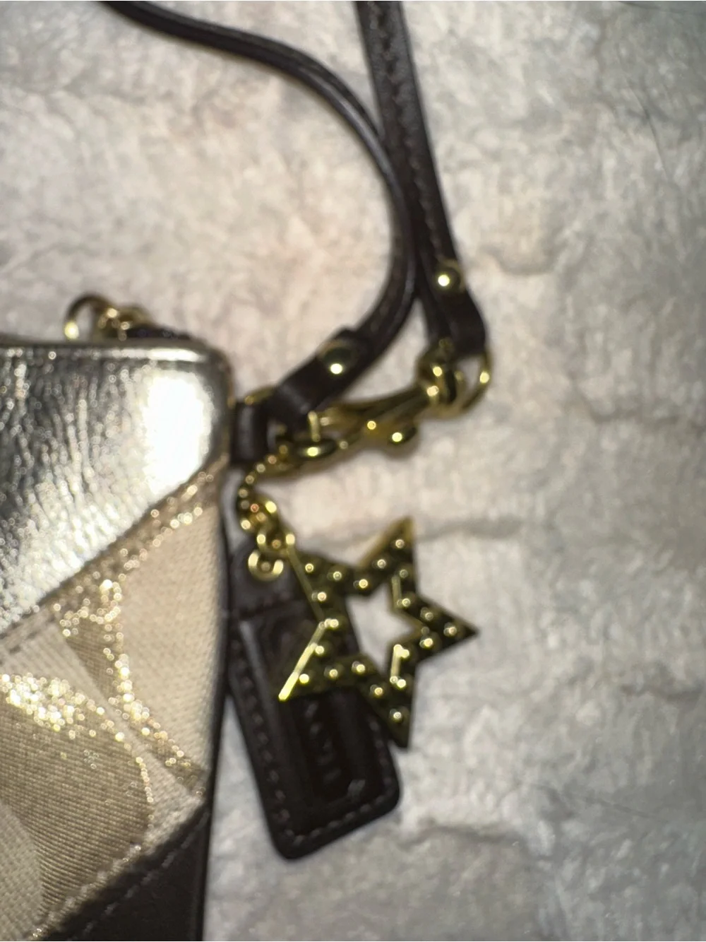 RARE Coach Signature Chevron Patchwork Wristlet Clutch Brown Gold Metallic Star